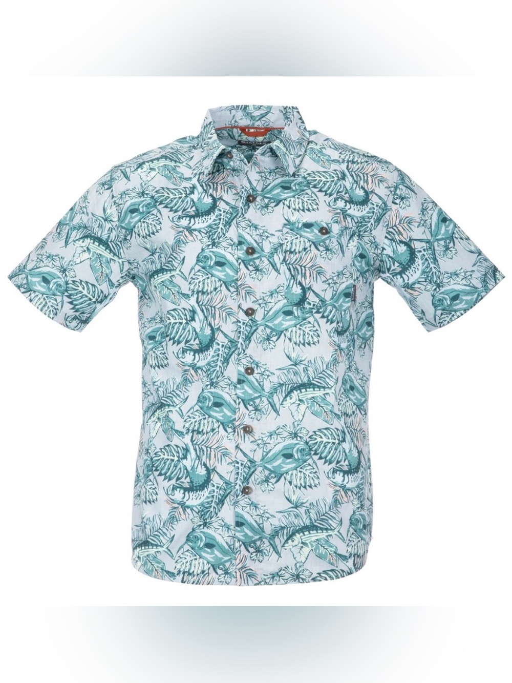 SIMMS Fishing Tailout Tropical Short-Sleeve Button-Up Shirt Small Fish Leaf EUC